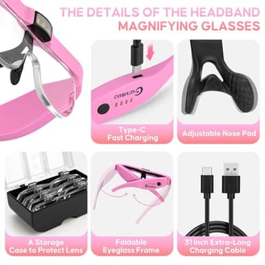 GUOUBUO Magnifying Glass with Light, 1.5X-5.0X Magnifying Glasses, Rechargeable Magnifier Headset with Light, Head Magnifier with 4 Detachable Lenses, Magnify Glasses for Close Work Crafts Jewelry - Image 6