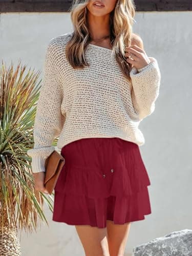 Aoudery Flowy Shorts for Women Boho Ruffled Tiered Skorts Casual High Waist Mini Skirts Tennis Golf Comfy Shorts 2025 - Wine Red L - Image 5