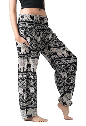 B BANGKOK PANTS Harem Pants Women Hippie Clothes Boho Pants with Pocket (Black Elephant, One Size) - Image 2