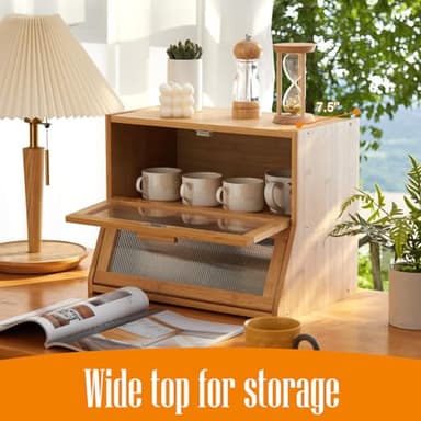 GHWIE Double Layer Bamboo Bread Box for Kitchen Counter,Large Capacity Bread Storage Bin,Bread Container with Acrylic Wavy Door Panel (Natural, Medium) - Image 5