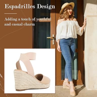 Putu Espadrilles Wedges for Women Closed Toe Wedge Sandals Elastic Ankle Strap Wedge Shoes Nude Size 10 - Image 3