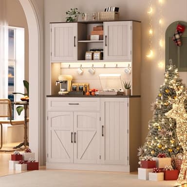 ONBRILL 71" Pantry Cabinet, Kitchen Pantry Storage Cabinet with LED Light & Outlet, Kitchen Hutch with Microwave Shelf & 6 Hook, Door Shelf & Drawer & Adjustable Shelf, Dining Room, Off White+Walnut - Image 5