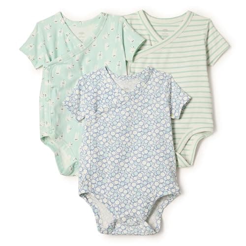 Amazon Essentials x Sofia Grainge Unisex Babies' Side Snap Short Sleeve Bodysuit, Pack of 3, Rabbits/Round Trees/Stripe, 18 Months - Image 1