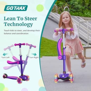 Gotrax KS3 Kids Kick Scooter, LED Lighted Wheels, Adjustable Height Handlebars and Removable Seat, Lean-to-Steer & Widen Anti-Slip Deck, 3 Wheel Scooter for kids Ages 2-8 and up to 100 Lbs (Purple) - Image 3