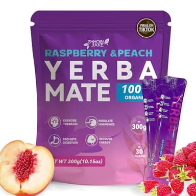 Yerba Mate Instant Tea Powder - Raspberry Peach Flavor - Gut Health & Clean Energy Super Drink with Nootropics, Prebiotics & Probiotics - Energy Boost & Focus - 30 Sticks (300g) - Image 1
