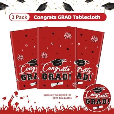 3 Pcs Graduation Tablecloth - Congrats Grad Table Cloth for Class of 2025, Disposable Plastic Rectangle Grad Table Cover for Graduation Party Decorations 2025 and Party Supplies, 54 x 108 Inch (Red) - Image 5