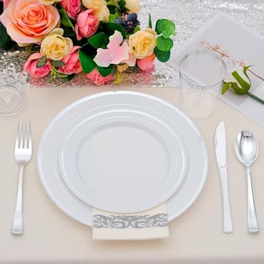 ISFANGCO 700 PCS Silver Plastic Dinnerware for 100 Guests, Silver Disposable Plate for Party Wedding with 100 Dinner Plates, 100 Dessert Plates, 100 Silverware Set, 100 Cups, 100 Napkins - Image 5