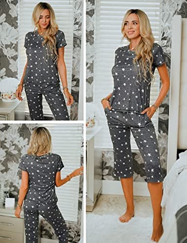 Ekouaer Women's Sleepwear Capri Pajama Sets Short Sleeve Two-Piece Pjs V Neck Tops & Capri Pants with Pockets S-3XL - Image 3