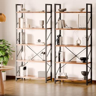 Shintenchi 5 Tiers Bookshelf, Classically Tall Bookcase Shelf, Industrial Book Rack, Modern Book Holder in Bedroom/Living Room/Home/Office, Storage Rack Shelves for Books/Movies-Rustic Brown - Image 5