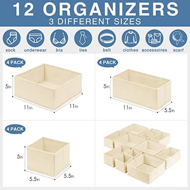 Criusia Drawer Organizer Clothes 12 Pack, Dresser Organizer for Nursery Bedroom Closet Organization and Storage - Baby Clothes Organizer Bins - Drawer Divider for Sock Underwear Bra Ties (Beige) - Image 3