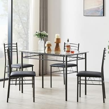VECELO Kitchen Dining Table and Chairs Set for 4, PU Padded Seat & Glasses Tabletop, Space Saving, Matte Black - Image 7