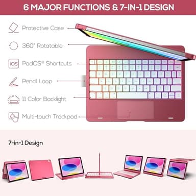 typecase Touch iPad 10th Generation Case with Keyboard (10.9", 2022) and iPad A16 (11th Gen, 2025) – 360° Rotatable, 11-Color Backlit, Multi-Touch Trackpad, Thin & Light (Pink) - Image 4