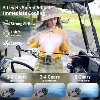 Socool 10000mAh Portable Waist Fan Clip on Wearable Belt Personal Fan Rechargeable Battery operated With 5 Speeds & Flashlight Neck Hands-Free 40H Cooling For Outdoor Camping Travel (Gray） - Image 2