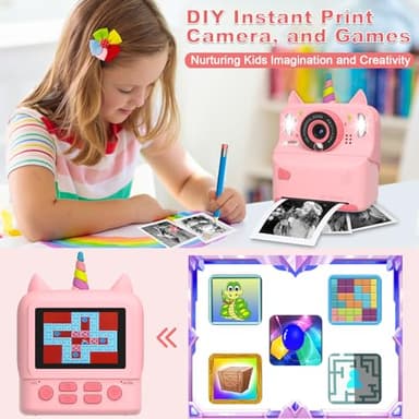 Instant Print Camera for Kids - Christmas Birthday Gift Toy for Girl Boy Age 3-9, Children Selfie Digital Cameras with Cartoon Soft Silicone Cover, Print Black White Photo with 32GB Card (Pink) - Image 6