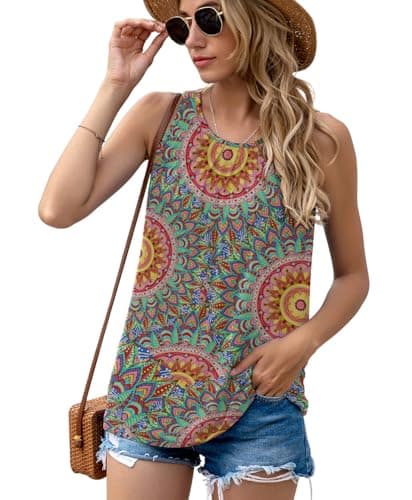 SUEANI Women's Summer Sleeveless Pleated Back Closure Casual Tank Tops(Large, FP Peacock Blue) - Image 1