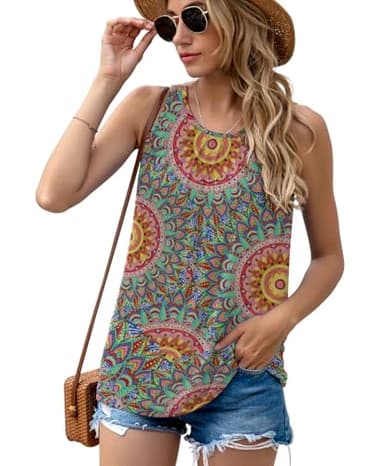 SUEANI Women's Summer Sleeveless Pleated Back Closure Casual Tank Tops(Large, FP Peacock Blue) - Image 1