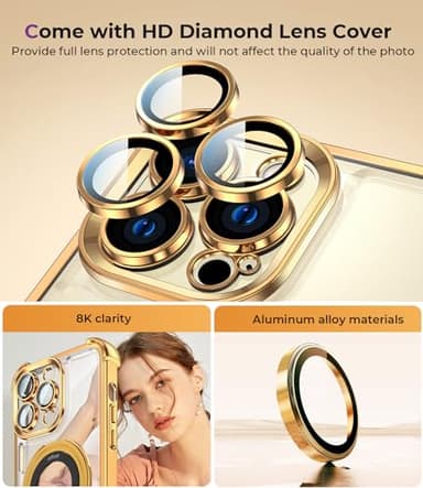 CHICLADY for iPhone 15 Pro Case with Integrated Lens Protection, [Foldable Stand & Ring Holder] [Compatible with Magsafe], Glossy Shockproof Bumper Stylish Women Case for iPhone 15 Pro, Gold - Image 6