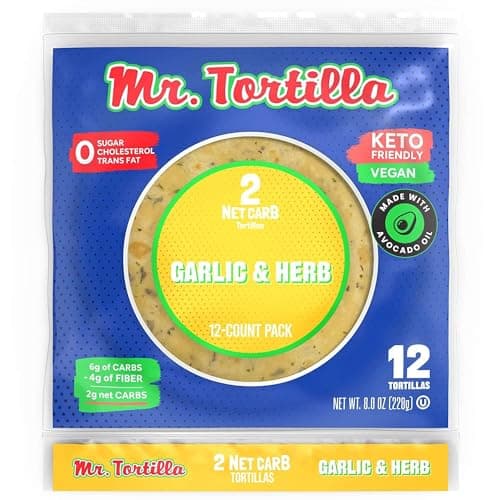 Mr. Tortilla Low Carb Keto Soft Taco Shells, Vegan, Quesadillas, Burritos, Heathy Bread Alternative, 2 Net Carbs, Delicious Small Batch Kosher Wraps - (Garlic & Herb, 12 Count) - Image 1