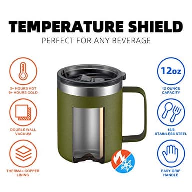 ALOUFEA 12oz Stainless Steel Insulated Coffee Mug with Handle, Double Wall Vacuum Travel Mug, Tumbler Cup with Sliding Lid, Army Green - Image 6