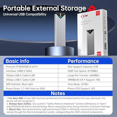 SSK M.2 NVME SATA SSD Enclosure Adapter, USB 3.2 Gen 2 (10 Gbps) to NVME PCI-E SATA M-Key/(B+M) Key Solid State Drive External Enclosure Aluminum Support UASP Trim for SSDs 2242/2260/2280 - Image 8