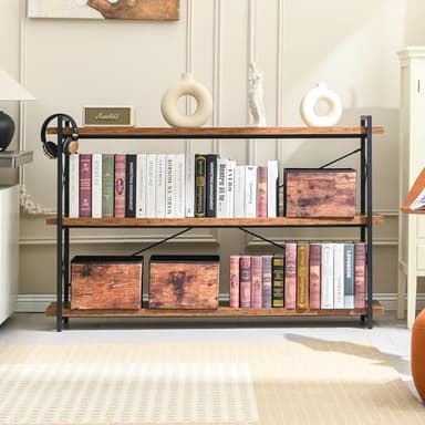 HCHQHS Bookshelf, 3-Tier Long Industrial Bookcase, Rustic Open Book Shelf, Freestanding Horizontal Bookshelves with Metal Frame - Image 2
