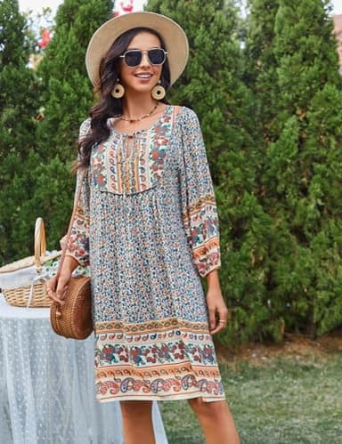 Bluetime Women Casual Summer Dress Boho V Neck 3/4 Sleeve Babydoll Floral Print Flowy Beach Dress (L, Light Apricot) - Image 2