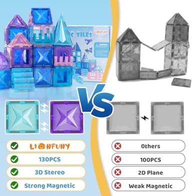 LionFuny 130PCS Magnetic Tiles, 3D Diamond Magnetic Blocks, Magnet Tiles for Kids Age 3-5 4-8 8-12, STEM Sensory Educational Magnet Toys for Kids Girls Boys Birthday Xmas Gifts - Image 3