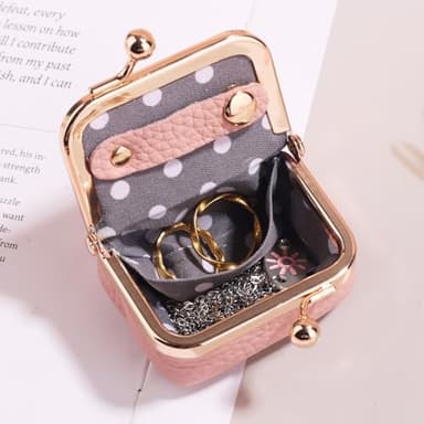 Genuine Leather Mini Jewelry Box, Mini Jewelry Travel Case, Small Portable Organizer Storage Pouch, Coin Purse with Kiss Lock for Ring Necklace Earrings Bracelet Perfect Gift for Women Girls (Pink) - Image 7