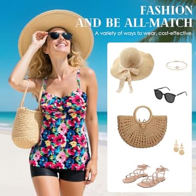 Century Star 2024 Two Piece Womens Tankini Swimsuits Modest Tankini Bathing Suit Tops with Shorts Tummy Control Swimwear Blue Printing Numeric - Image 5