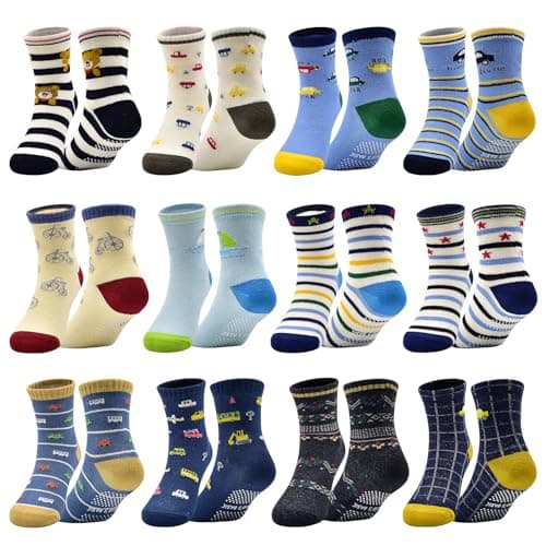 SkiBeaut Toddlers Boy Girl Socks, 12 Pairs Kids Non Slip Grips Children Sticky Slippery Crew Toddlers Boys Girls Socks for 3-5 Years Old - Image 1