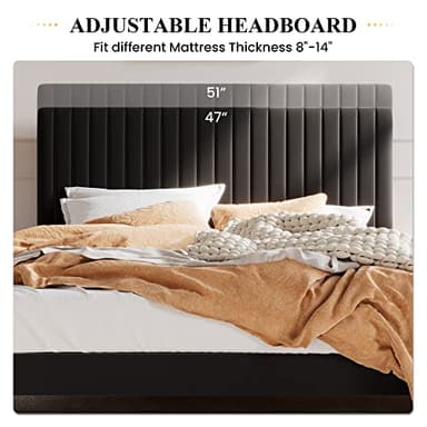 SHA CERLIN Queen Upholstered Platform Bed Frame with Adjustable Headboard/Vertical Channel Tufted Velvet Fabric/Wooden Slats Support/Mattress Foundation/Box Spring Optional/Black - Image 5