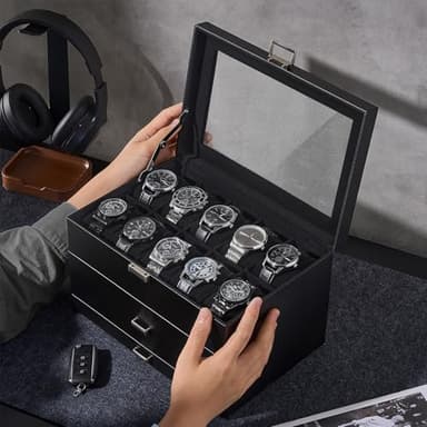 ProCase 20 Slot Watch Box for Men, 3-Layer Watch Display Case with Glass Lid, Watch Holder with Drawer, Jewelry Storage Organizer for Watches Straps Rings -AllBlack - Image 4