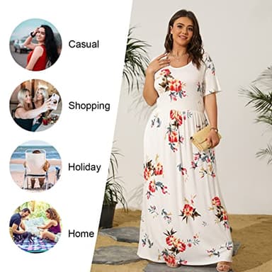 LONGYUAN Women's Short Sleeve Plus Size Swing Dress Maxi Long Wedding Dresses with Pockets Fl, 6XL Floral White - Image 4
