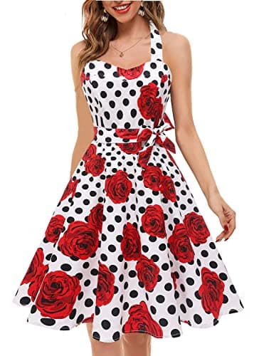 Topdress Women's Vintage Polka Audrey Dress 1950s Halter Retro Cocktail Dress White Dot/Rose M - Image 2