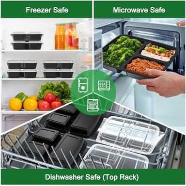50 Pack (100-Piece) 32 oz Meal Prep Containers Reusable with Lids 3-Compartment, To Go Take Out Plastic Food Storage Containers, Sturdy Leakproof Food Safe, Microwave Freezer Dishwasher Safe, Black - Image 5