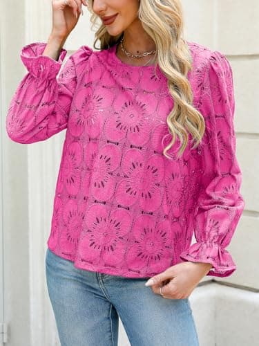 CUPSHE Women Eyelet Long Sleeve Tops Shirts Dressy Hollow Out Crochet Lace Embroidered Blouses 2025 Fashion Top Fuchsia M - Image 5