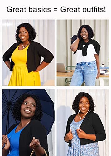 AusLook Plus Size Bolero Shrugs for Summer Dresses 3/4 Sleeve Black 4X Open Front Knit Lightweight Coat Cropped Tops Shawls and Wraps Cardigan Dressy Sweater Clothes - Image 4