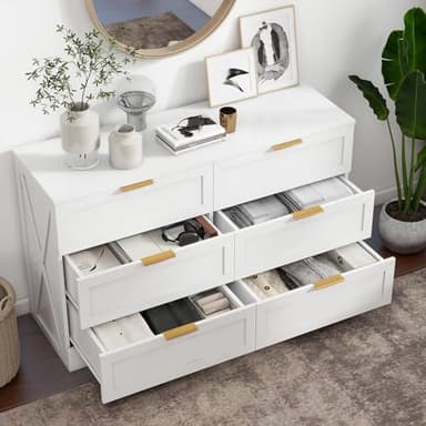 FTZxHKLX White 6 Drawer Dresser for Bedroom, Modern Dresser Chest of Drawer with Large Drawers & Rose Gold Handles, Wooden Dressers Drawer Storage Unit for Bedroom, Living Room, Closet - Image 3