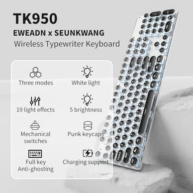 EWEADN TK950 Typewriter Keyboard Wireless Mechanical Keyboard, 104 Keys Aesthetic Typewriter Keyboards with Blue Backlit, Anti-Ghosting, Blue Switch Bluetooth/2.4GHz/Wired Cute keyboards-Black - Image 2
