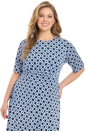 London Times Women's Dresses Inset Waist Midi Dress Career Office Occasion Guest of, Hexagon Geo - Navy/Blue, 4 - Image 4