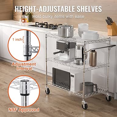 VEVOR Kitchen Utility Cart, 3 Tiers, Wire Rolling Table with 661 LBS Capacity, Steel Service Desk on Wheels, Metal Storage Trolley with 80 mm Deep Basket Curved Handle 6 Hooks - Image 4