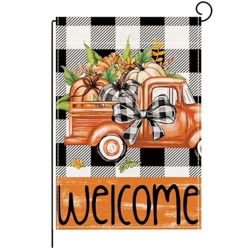 XINNK Fall Garden Flags, Fall Decorations for Home Outside, Fall Decorations for Home, Fall Thanksgiving Car Pumpkin Plaid Garden Flag Yard Outdoor Fall Decoration(12 * 18in) - Image 1