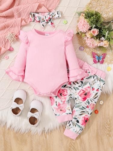 Doresbebe 3-6 Months Baby Girl Clothes Newborn Outfit Infant Romper Fall Winter Deer Pant Set Ruffle Long Sleeve Rib Solid Top Headband Pink - Image 2