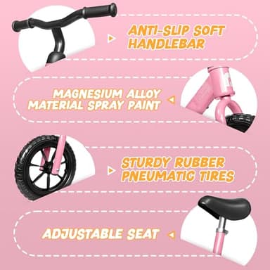 Balance Bike 2 Year Old, Toddler Balance Bike for 2 to 5 Year Old, Bike with No Pedals for Toddlers, Adjustable Seat & Handle, 135° Steering Limit, 110 lbs Capacity, Ideal Gift for Toddlers - Pink - Image 4