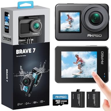 AKASO Brave 7 Action Camera 4K30FPS 20MP with 256GB U3 MicroSDXC Memory Card, Waterproof Camera with Touch Screen IPX8 33FT EIS 2.0 Zoom Support External Mic Voice Control with 2X 1350mAh Batteries - Image 1