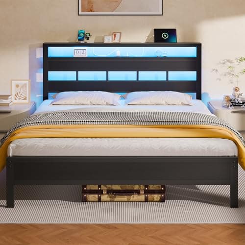 Furnulem Queen Bed Frame with Storage Headboard and LED Lights, Metal Bedframe with Charging Station and USB Port, Queen Size Platform Bed with Heavy Duty Slats, No Box Spring Needed, Black Oak - Image 1