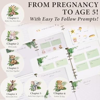 Baby Book Keepsake - Timeless Baby Memory Book for Boy or Girl I First 5 Year I Faux Leather, Gender Neutral, Safari Theme w/Gold Foil Stamp - Baby First Year Book Journal Scrapbook Photo Album Shower - Image 3