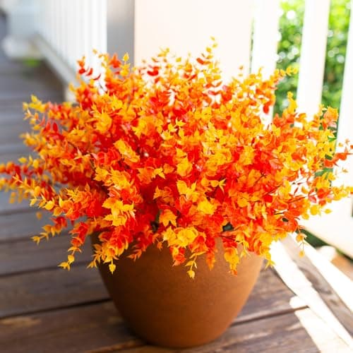 Artificial Fake Fall Autumn Eucalyptus Plants Flowers for Outdoor Outside Decoration, Faux Silk Orange Boxwood Look Real UV Resistant for Home Porch Patio Planter Decor，12 Bundles - Image 1