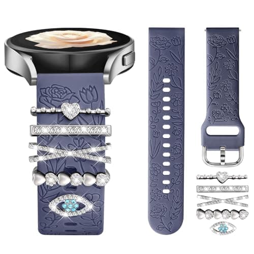 DaQin Flower Engraved Band Compatible with Samsung Galaxy Watch 7 Band/FE 6 5 4 40mm 44mm,Galaxy Active 2, 20mm Watch Band Soft Silicone Replacement Strap with Decorative Charms Accessories Women - Image 1