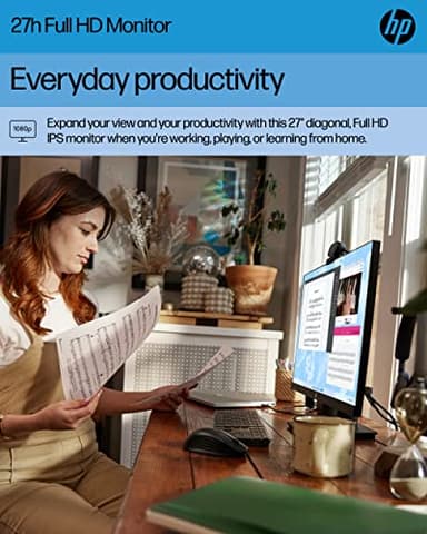 HP 27h Full HD Monitor - Diagonal - IPS Panel & 75Hz Refresh Rate - Smooth Screen - 3-Sided Micro-Edge Bezel - 100mm Height/Tilt Adjust - Built-in Dual Speakers - for Hybrid Workers,Black - Image 2
